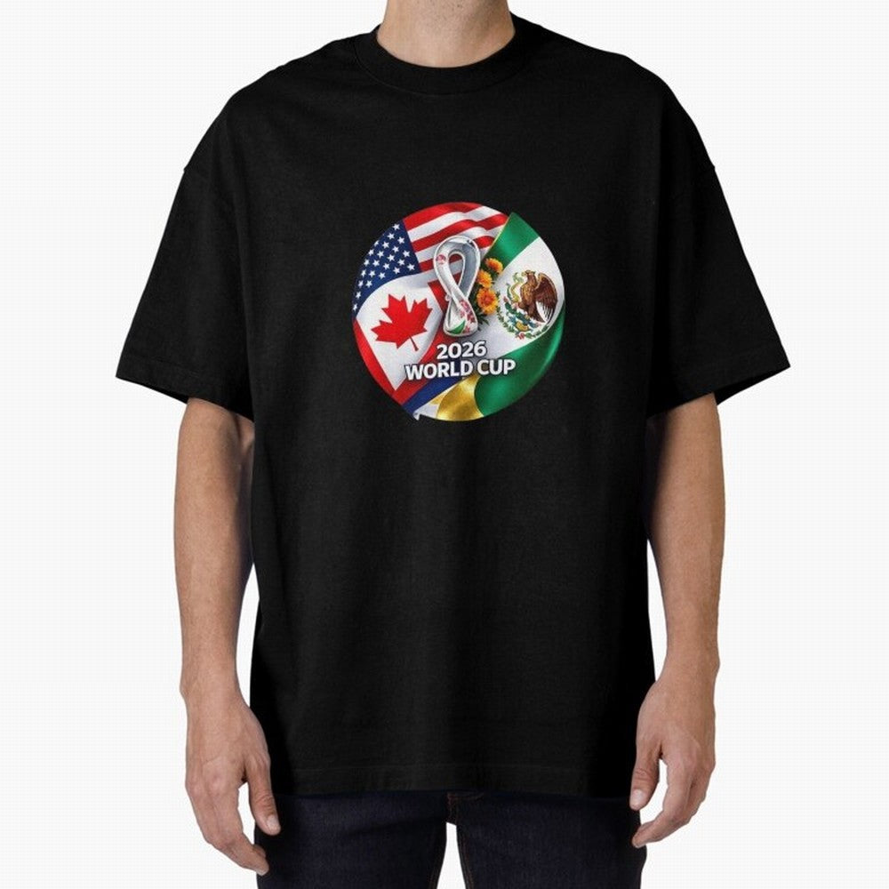 Host Trio Flags Circular Emblem Oversized T-Shirt Stand with FIFA World Cup 2026 USA Canada Mexico Capturing Mbappe, England and Germany Energy, Soccer Culture, Superstar Moments, National Team Dreams and Competitive Fire; Perfect for Supporters