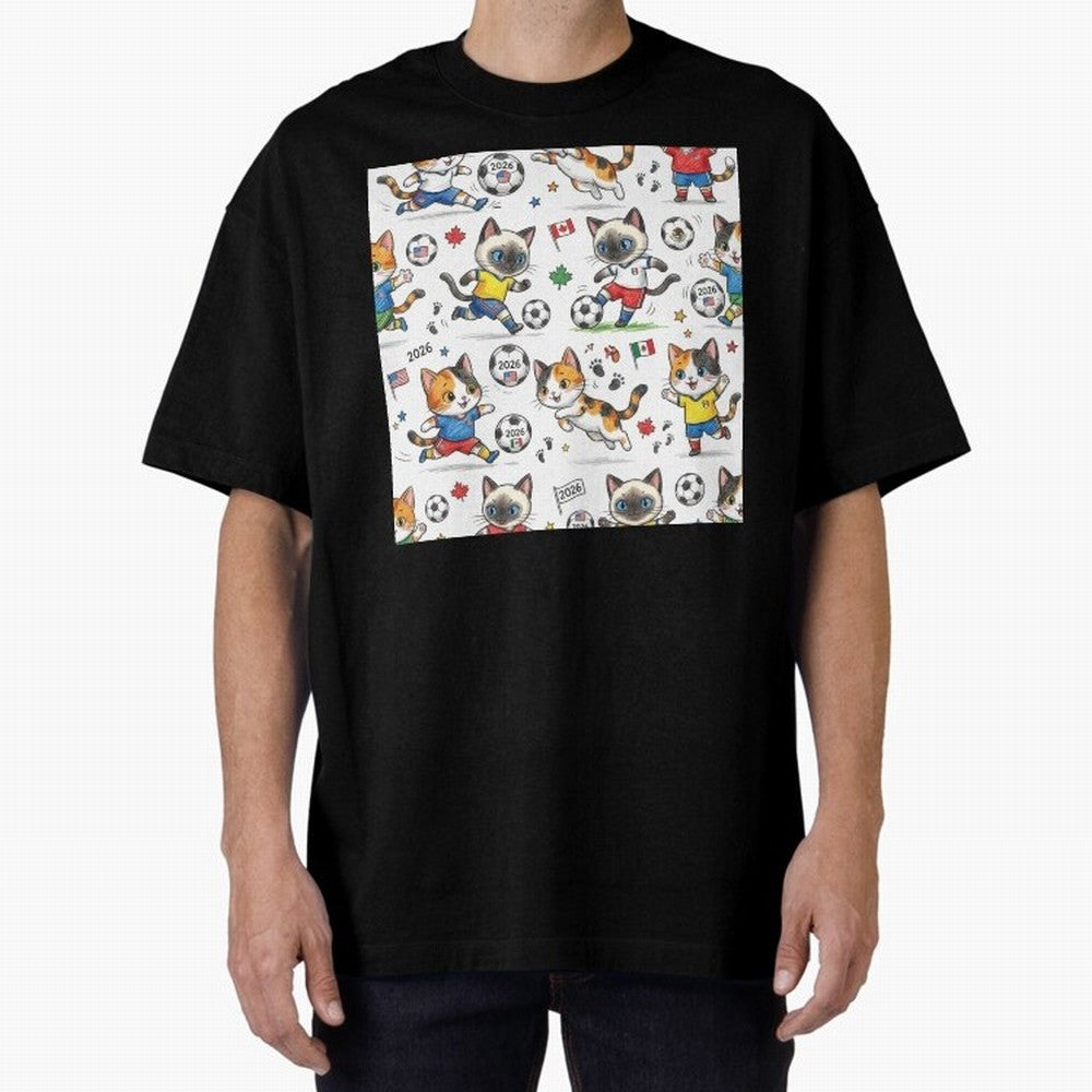 Chibi Soccer Cats 2026 - Cute Football Kittens Pattern Oversized T-Shirt Carry the Colors and Pride of Global Football Passion for FIFA World Cup 2026 Group Stage, Centered on Messi, CR7 and Mbappe, Argentina, Vintage Soccer Flavor, Modern Football