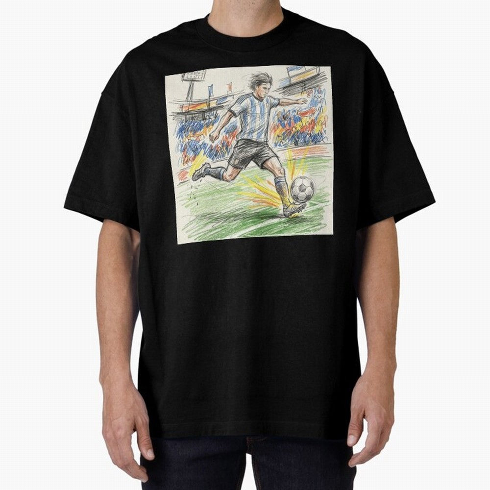 Dynamic Soccer Power Kick - Blue & White Jersey Style Oversized T-Shirt Refresh Global Football Passion for FIFA World Cup 2026, Highlighting CR7 and Messi, Netherlands, Champion Mindset, Group Stage Buzz, Knockout Tension and Passionate Fan