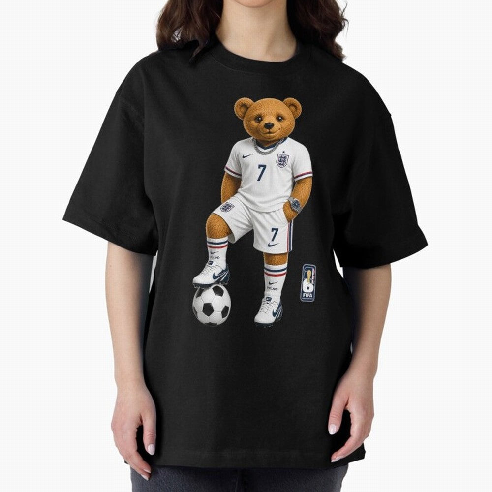 England Soccer Bear World Cup Teddy Bear Oversized T-Shirt Honor the Football Icons of Global Football Passion for FIFA World Cup 2026 Group Stage, with Messi, Brazil, Portugal and Argentina, Vintage Soccer Flavor, Modern Football Stars, National