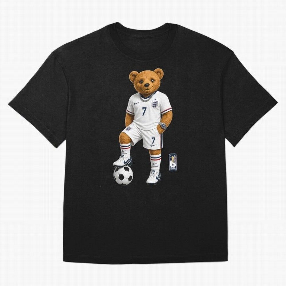 England Soccer Bear World Cup Teddy Bear Oversized T-Shirt Honor the Football Icons of Global Football Passion for FIFA World Cup 2026 Group Stage, with Messi, Brazil, Portugal and Argentina, Vintage Soccer Flavor, Modern Football Stars, National