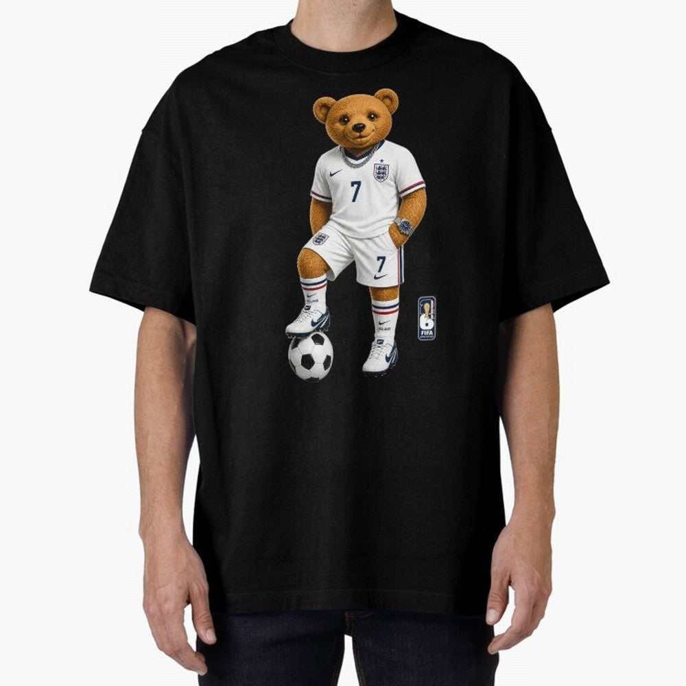 England Soccer Bear World Cup Teddy Bear Oversized T-Shirt Honor the Football Icons of Global Football Passion for FIFA World Cup 2026 Group Stage, with Messi, Brazil, Portugal and Argentina, Vintage Soccer Flavor, Modern Football Stars, National