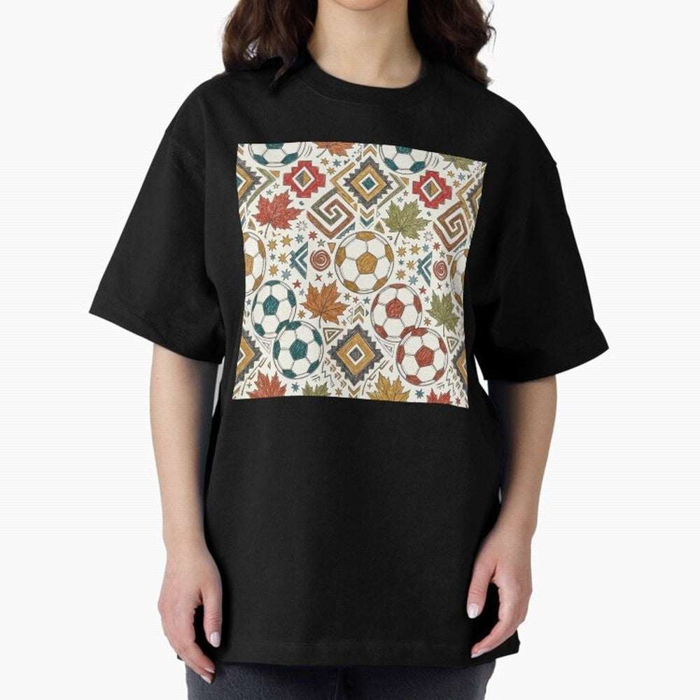 2026 World Cup Unity: Aztec & Maple Soccer Pattern Oversized T-Shirt Support Iconic Players in the FIFA World Cup 2026 USA Canada Mexico Journey through Mbappe and Neymar Highlights, England and Germany Pride, Retro Football Energy, Iconic