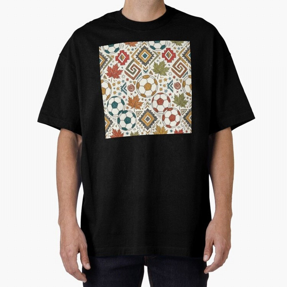 2026 World Cup Unity: Aztec & Maple Soccer Pattern Oversized T-Shirt Support Iconic Players in the FIFA World Cup 2026 USA Canada Mexico Journey through Mbappe and Neymar Highlights, England and Germany Pride, Retro Football Energy, Iconic