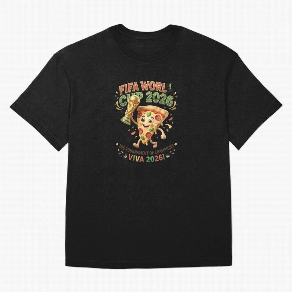 Happy Pizza Character Holding World Cup 2026 Trophy Oversized T-Shirt Honor the Beautiful Game during the FIFA World Cup 2026 Journey through Cristiano Ronaldo, Haaland and CR7 Highlights, Spain and Netherlands Pride, Classic Soccer Heritage,