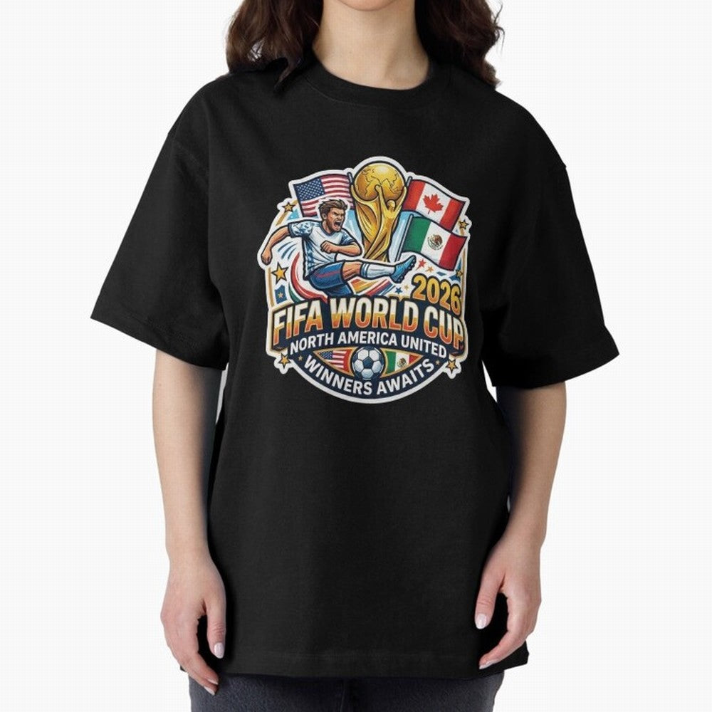 FIFA World Cup 2026 North America United Oversized T-Shirt Keep the Match Day Mood of Match Day Hype around FIFA World Cup 2026 Group Stage, Messi and Cristiano Ronaldo, Brazil, Goal Celebration Energy, Supporter Heritage, Football Icons and