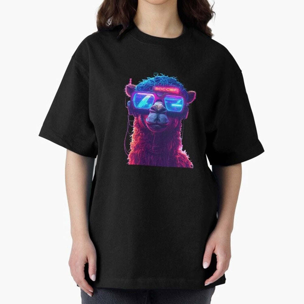 Cyberpunk Llama with Neon Soccer Vibes Oversized T-Shirt Bring Home Global Football Passion for FIFA World Cup 2026 USA Canada Mexico, Inspired by Mbappe, England and Germany, Stadium Memories, Football Loyalty, International Chants and
