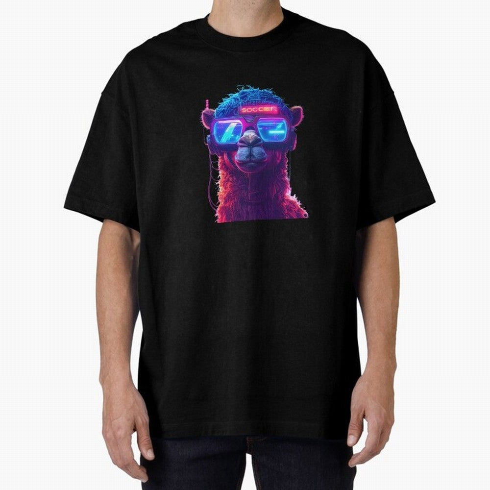 Cyberpunk Llama with Neon Soccer Vibes Oversized T-Shirt Bring Home Global Football Passion for FIFA World Cup 2026 USA Canada Mexico, Inspired by Mbappe, England and Germany, Stadium Memories, Football Loyalty, International Chants and
